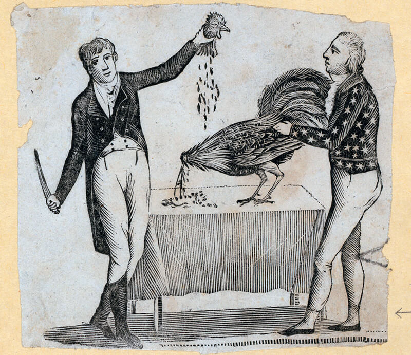 Dr. Alexander Anderson's woodcut vividly captures the magic of James Rannie's performance, showcasing the mesmerizing act of separating and restoring a fowl's head with enchanting skill and grace (circa 1804).