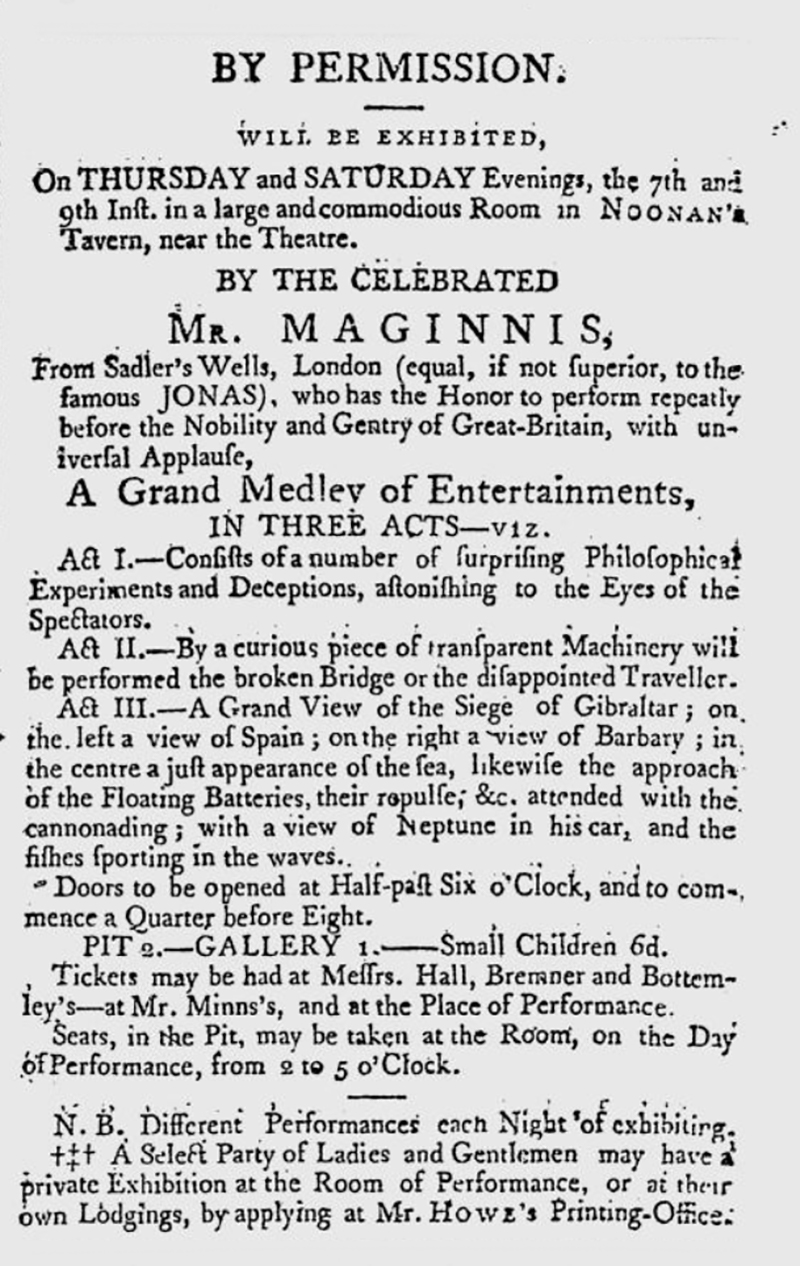 Newspaper clipping of Maginnis found in the Tuesday, August 5th, 1794, edition of the Royal Gazette (Halifax).