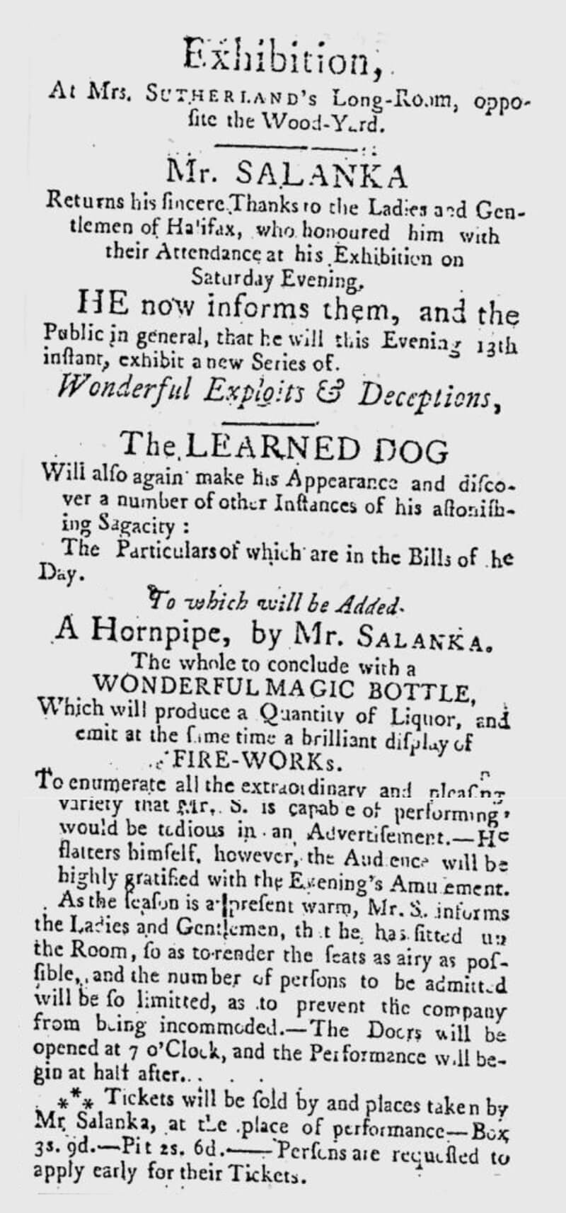 Newspaper clipping of Gabriel Salenka and his dog found in the Tuesday, August 13th, 1799, edition of the Royal Gazette (Halifax).