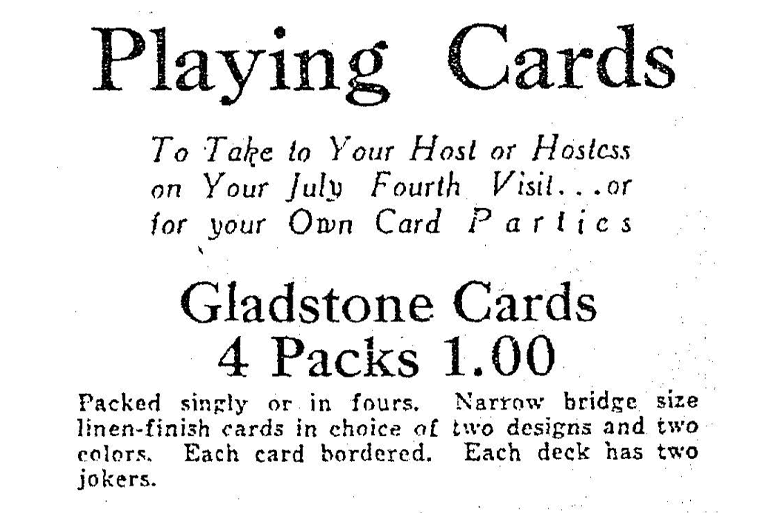 A Gladstone brand (Russell Playing Card Company) advertisement for decks with two Jokers.