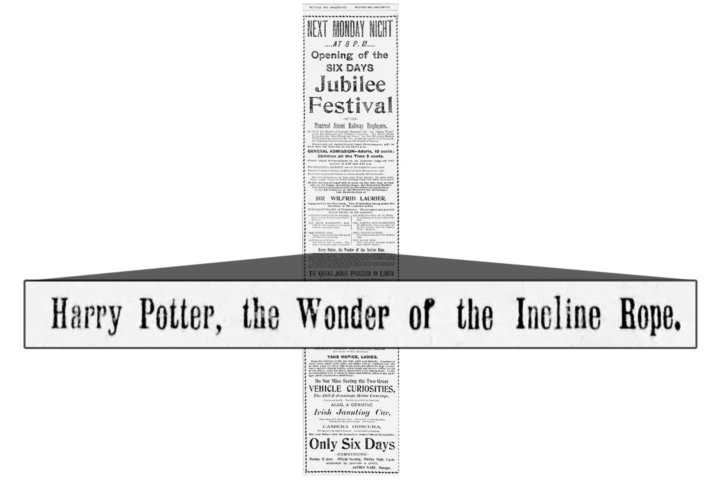 Newspaper clipping from 1897 claming Harry Potter was the wonder of incline rope trick.