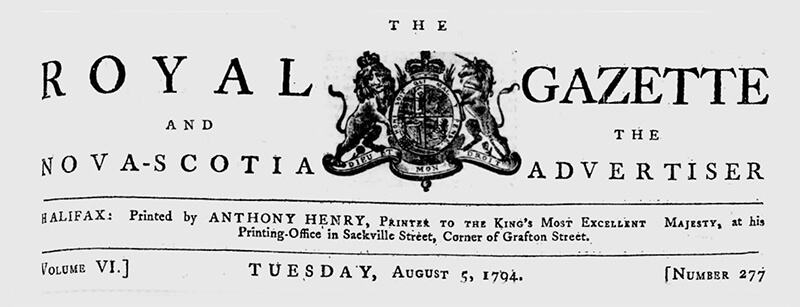 Masthead for the August 5th, 1794, edition of the Royal Gazette (Halifax), featuring advertising for a magician named Maginnis.