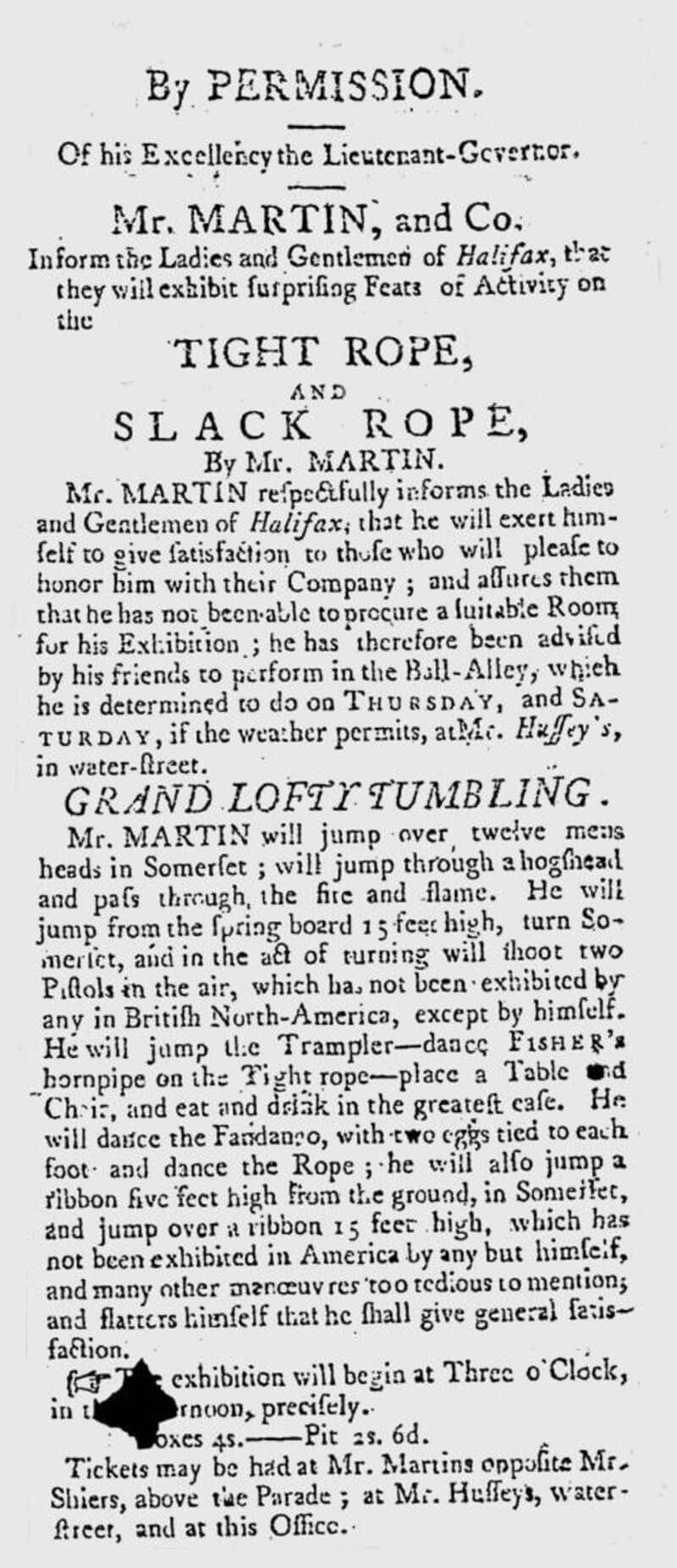 Newspaper clipping of Monsignor Martin, the tightrope walker, found in the Tuesday, October 30th, 1798 edition of the Royal Gazette (Halifax).